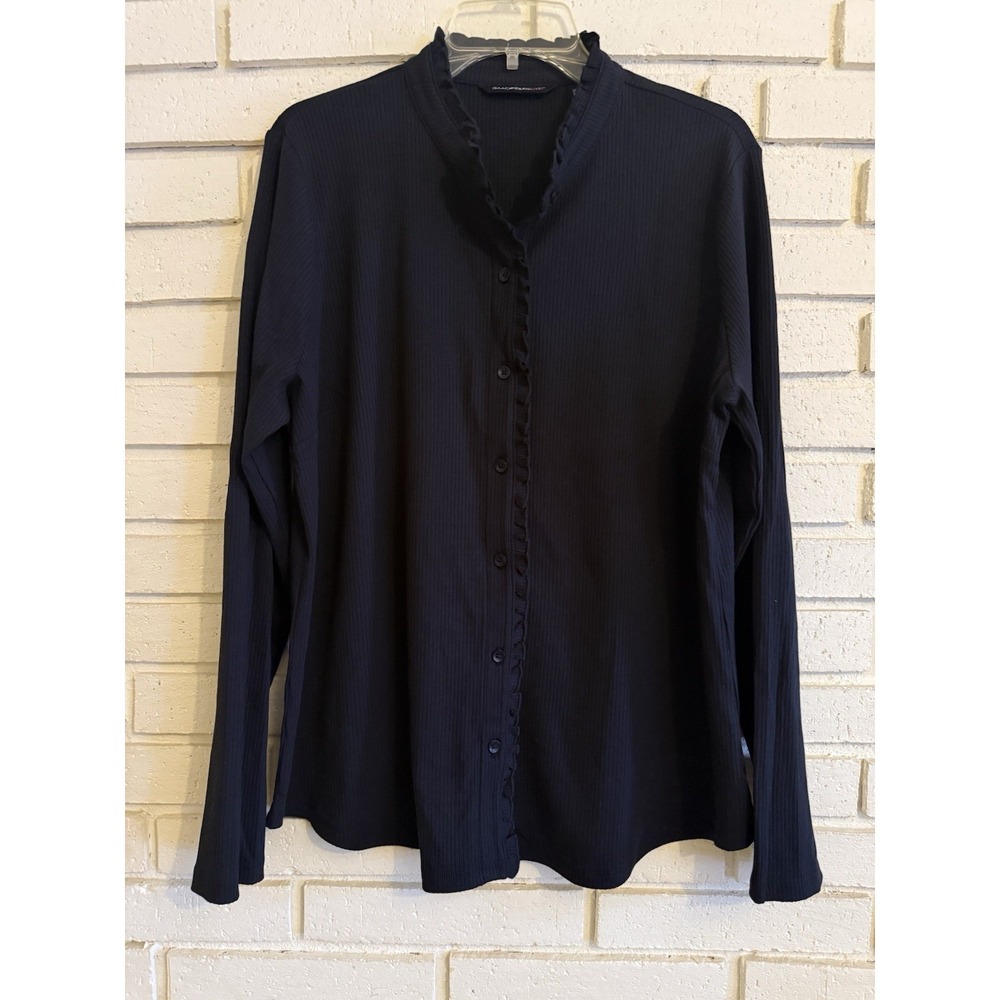 Isaac Mizrahi Live! Knit Button Front Shirt with Ruffle Detail Pitch Black Sz Lg